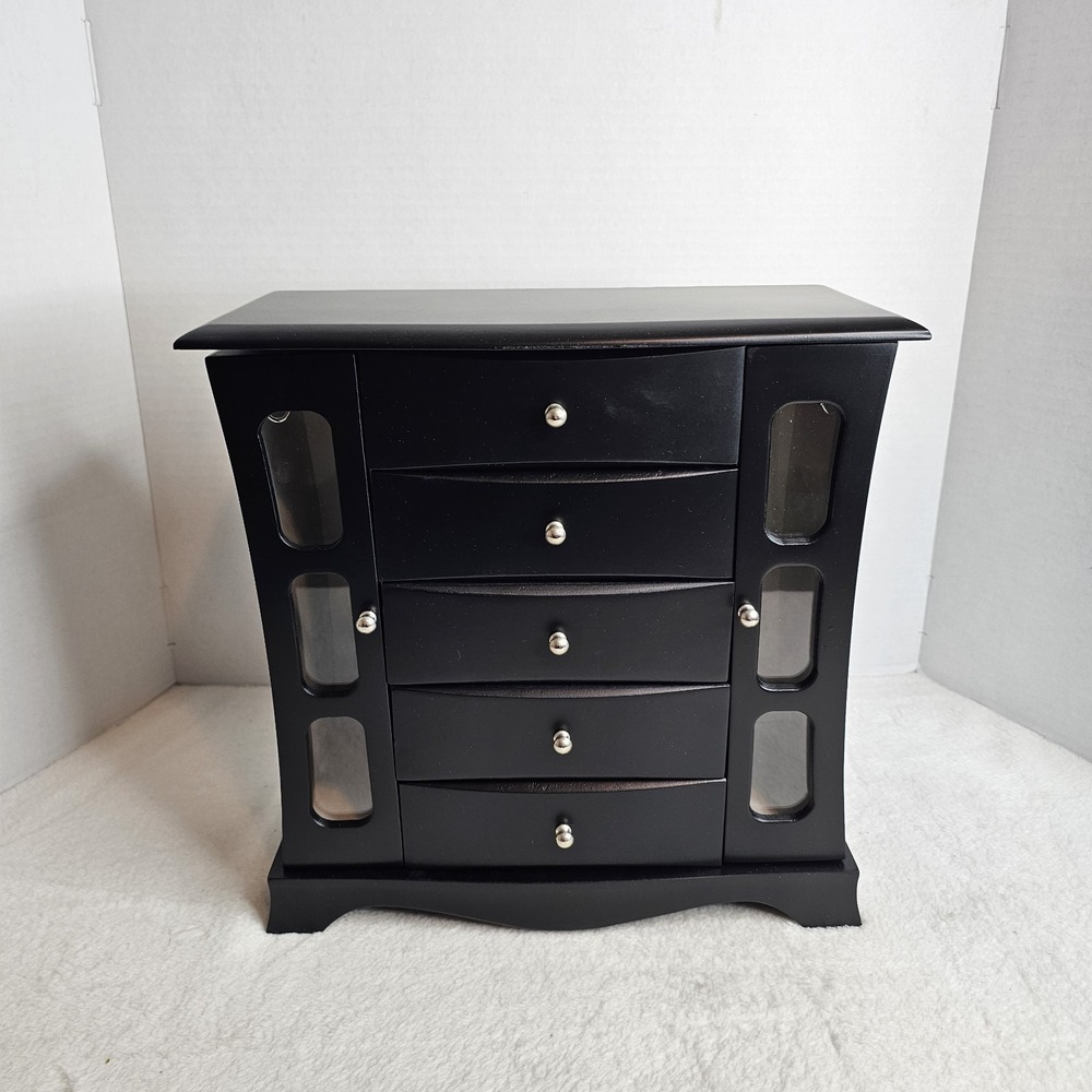 Elegant Black Wooden Jewelry Box w/ Drawers & Side Storage